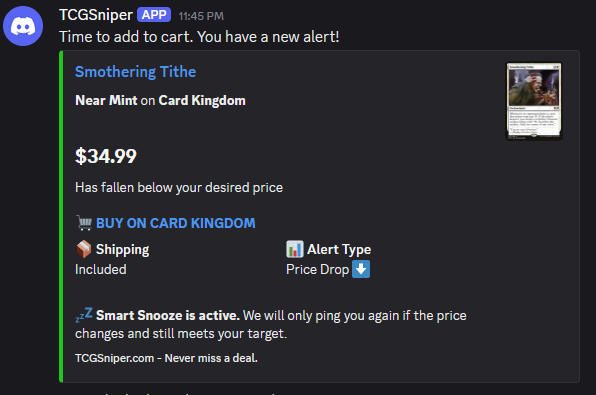 A real tcgSniper Discord DM alert showing a price drop on Smothering Tithe, Near Mint on Card Kingdom, at $34.99 with a Buy on Card Kingdom link
