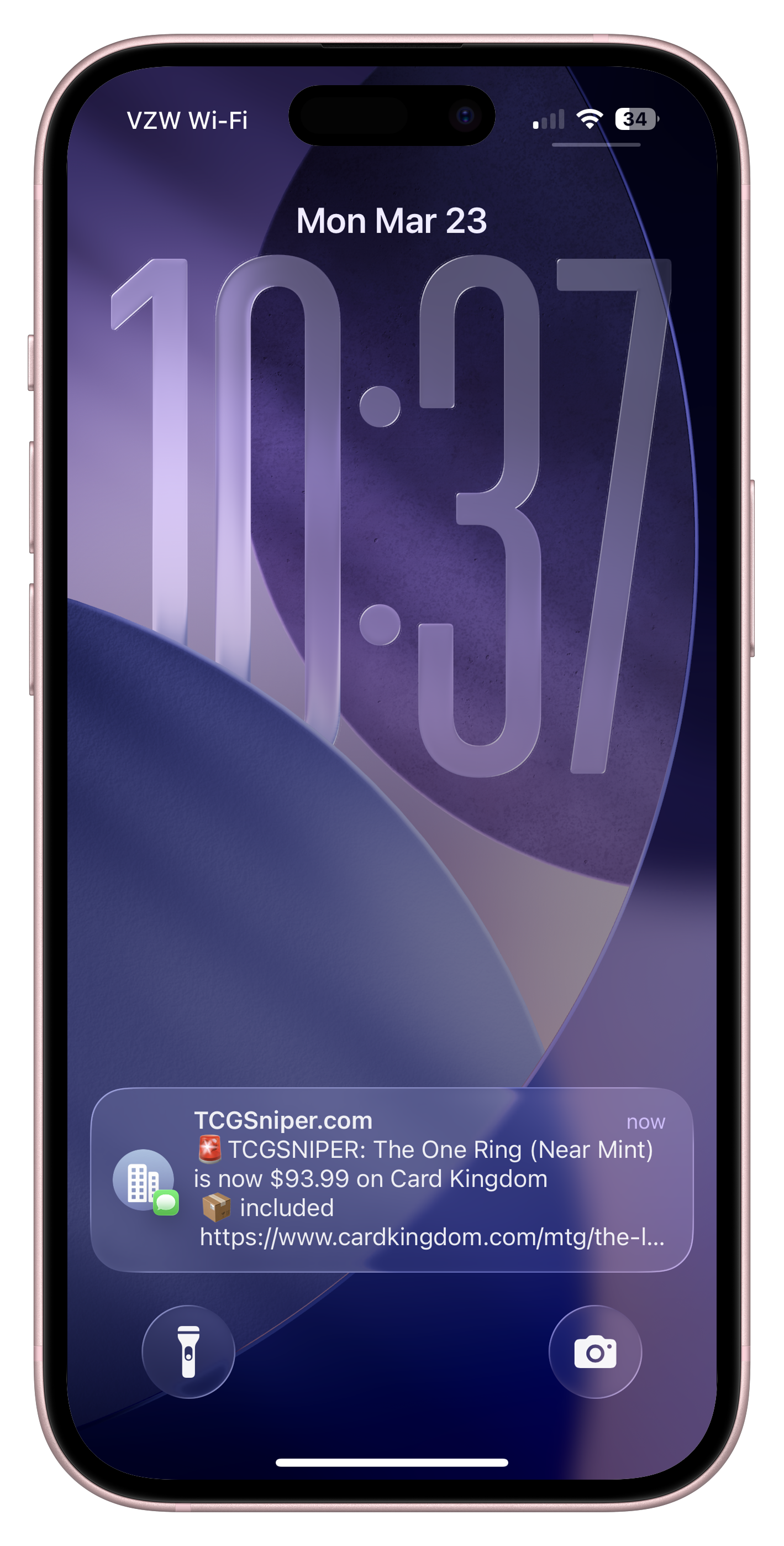 tcgSniper price drop alert notification on iPhone showing a TCGPlayer card that dropped below target price