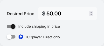 tcgSniper desired price field set to $50 with Include shipping in price toggle enabled and TCGplayer direct-only listings disabled
