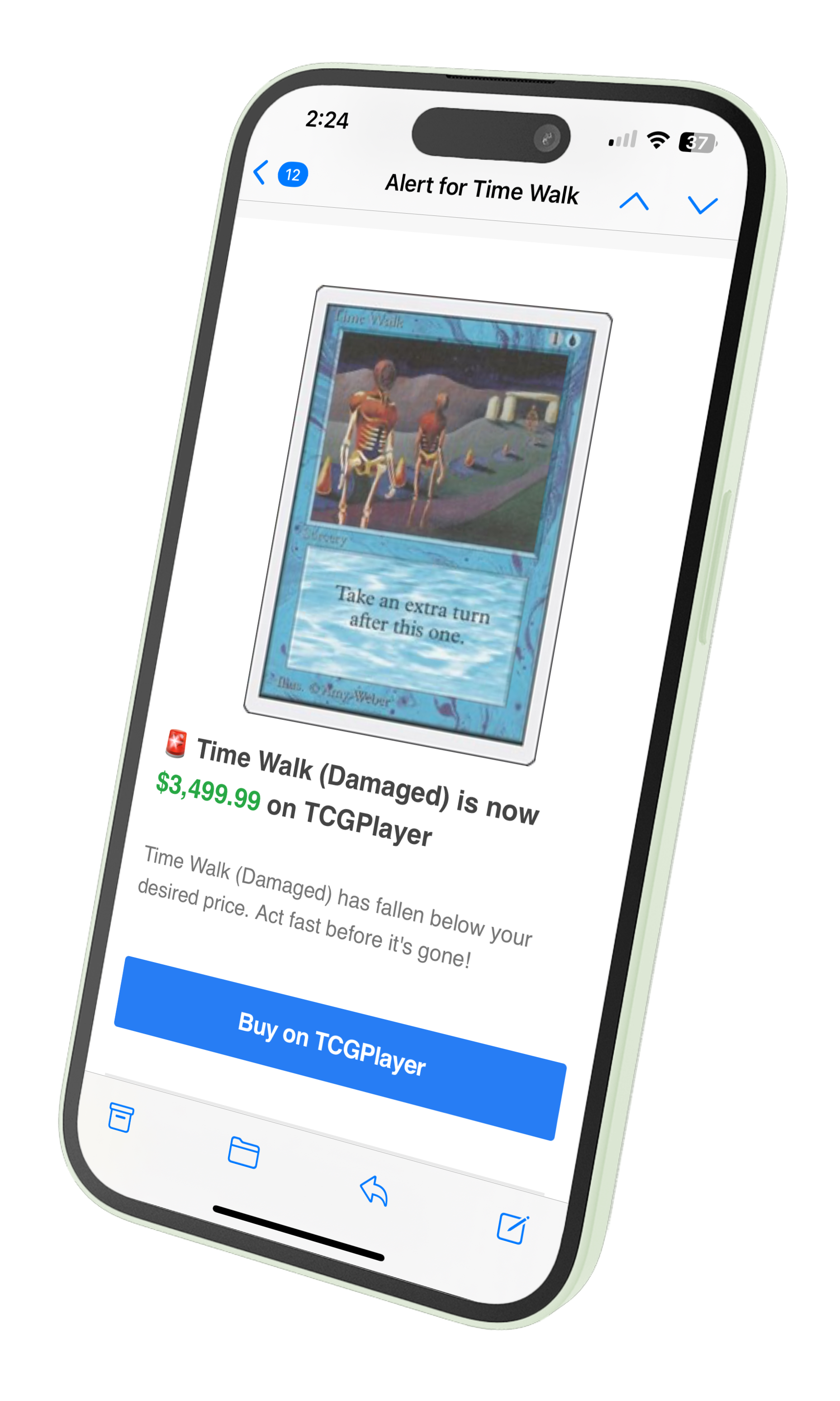 tcgSniper email notification showing a card that dropped below the user's target price, with a direct link to buy