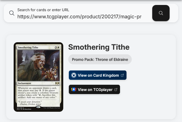 tcgSniper search bar with a pasted TCGplayer URL showing Smothering Tithe with links to Card Kingdom and TCGplayer