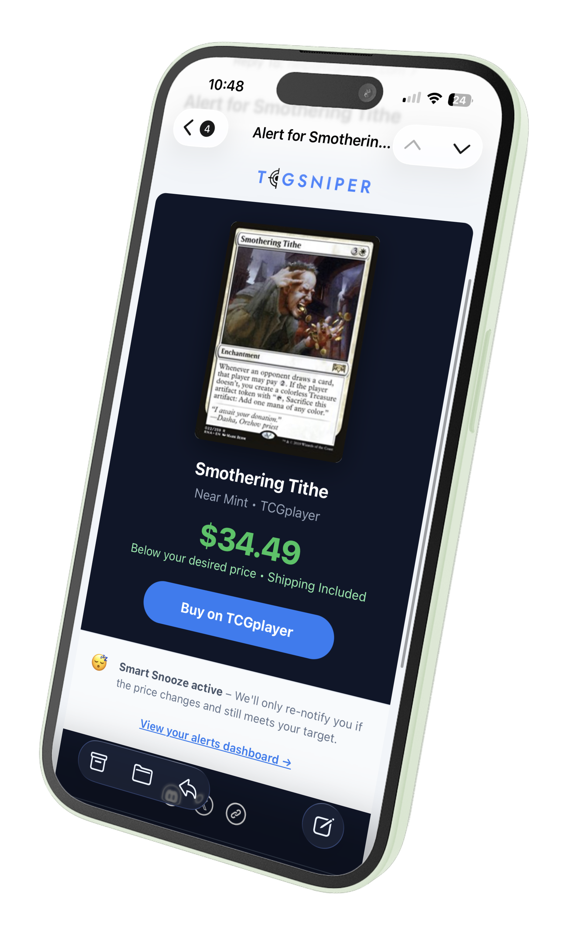 tcgSniper price drop alert on iPhone showing Time Walk has dropped below your target price on TCGPlayer