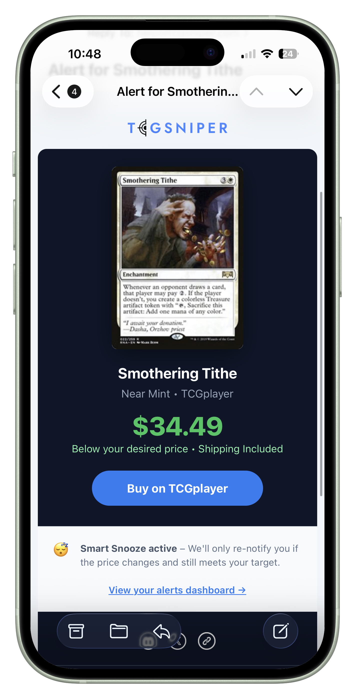tcgSniper price drop alert notification on iPhone showing a TCGPlayer card that dropped below target price