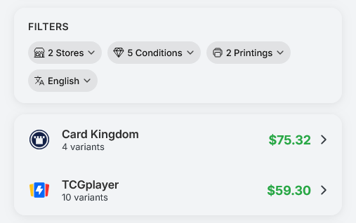 tcgSniper variant filters showing 2 stores, 5 conditions, 2 printings, with Card Kingdom at $75.32 and TCGplayer at $59.30